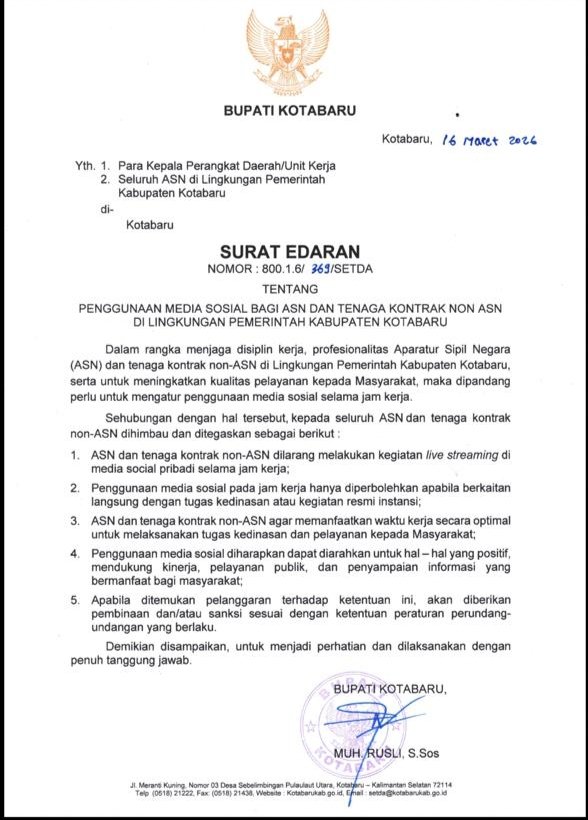 Bupati Kotabaru Terbitkan Surat Edaran, ASN Dilarang Live Streaming di Media Sosial Saat Jam Kerja