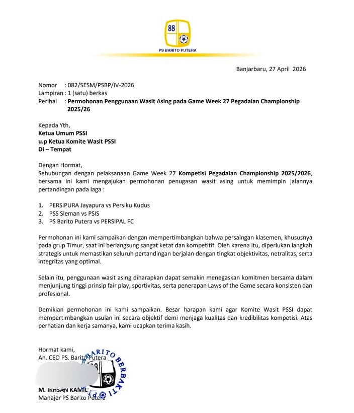 Sejalan dengan Suporter, Barito Putera Kirim Permohonan Wasit Asing ke PSSI
